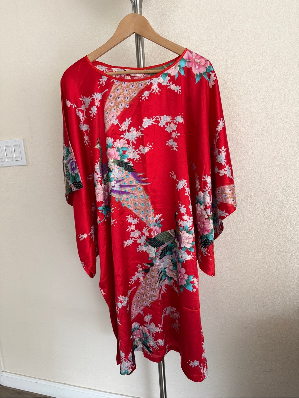 Red Floral & Peacock Silk Kimono Dress